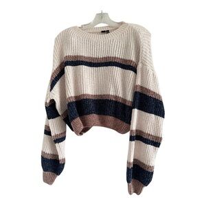 WINDSOR Women’s Cream Blue Brown Striped Cropped Crew Neck Sweater-MEDIUM
